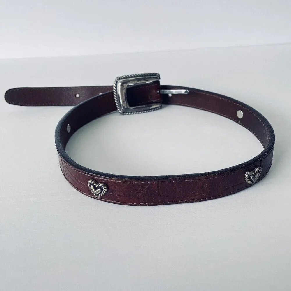 Brighton Kids Brown Leather Belt 27 Inches Silver Toned Buckle and Heart Conchos